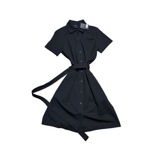 Club Monaco Black Short Sleeve Belted Shirt Dress Midi Size L